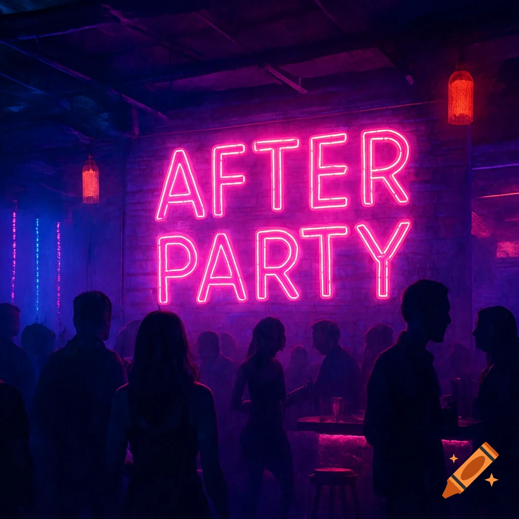Neon sign 'AFTER PARTY' in a dark club with silhouetted people.