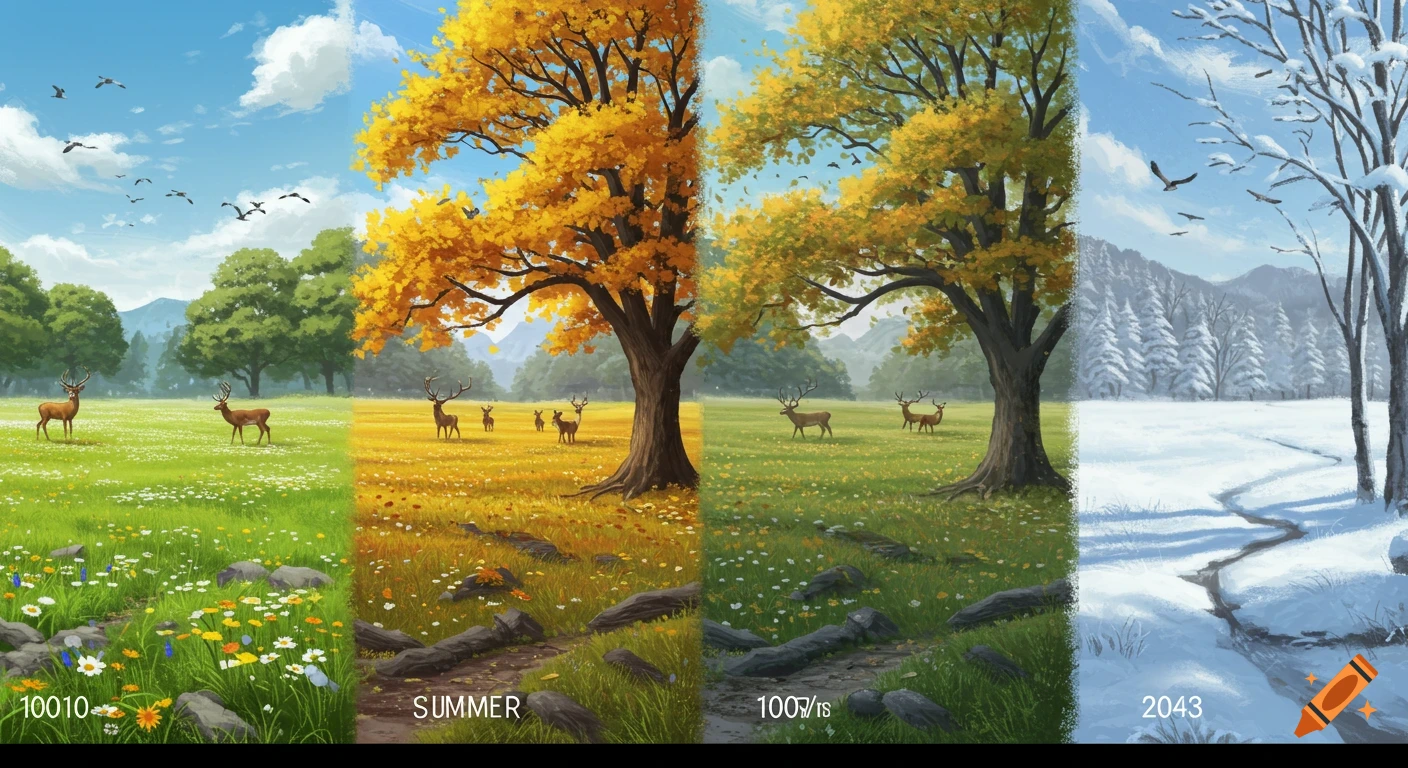 A landscape image divided into four vertical sections depicting the four seasons from left to right: spring, summer, autumn, and winter, with trees and deer in each section.