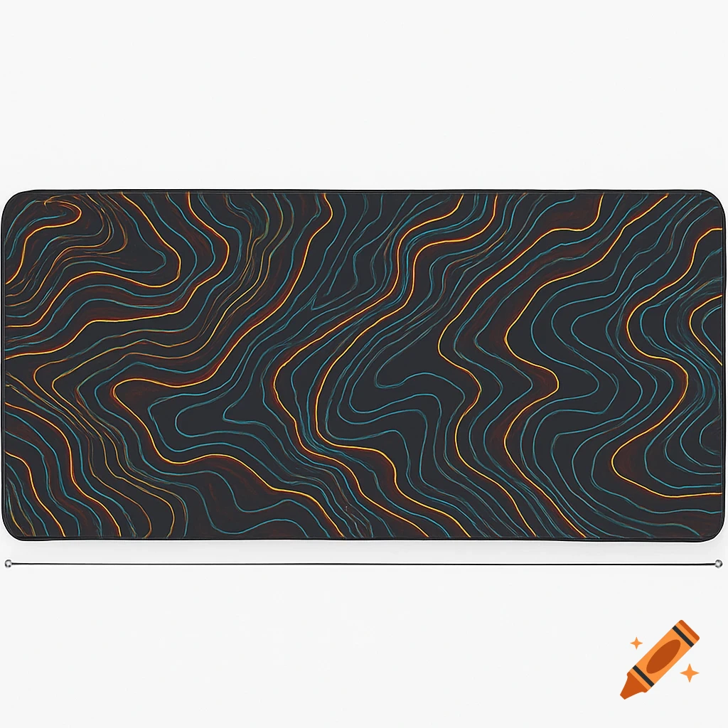 Mousepad with orange and blue wavy lines on a dark background