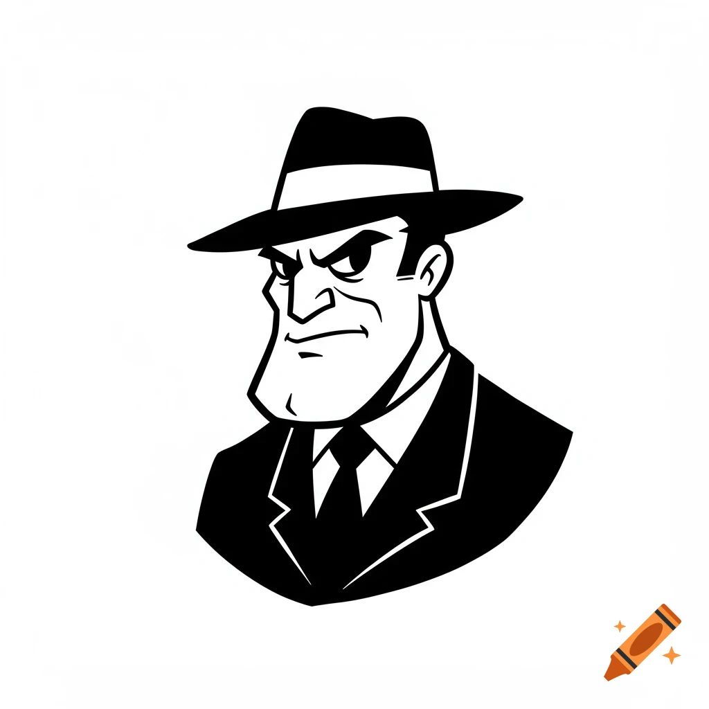 Black and white illustration of a stern-looking man in a fedora and suit.