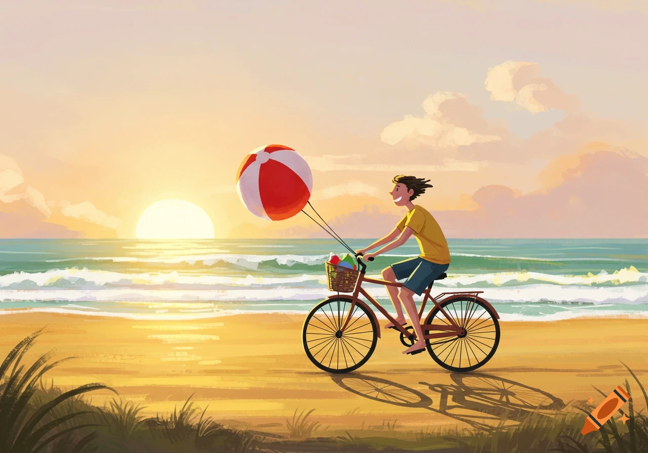 Illustration of a person riding a bicycle on a beach at sunset with a beach ball.
