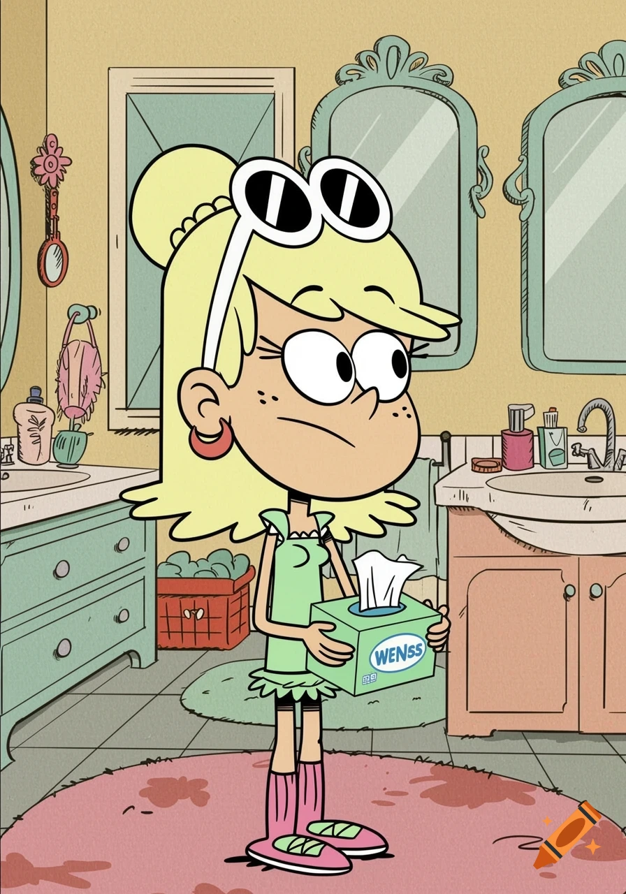 Cartoon of Leni Loud in a bathroom holding a tissue box.