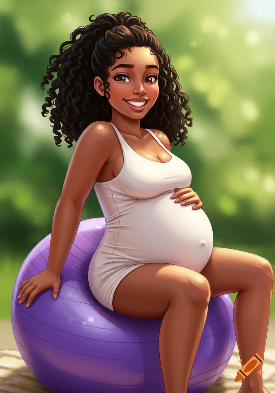 An illustration of a pregnant woman with curly hair sitting on a purple exercise ball outdoors.