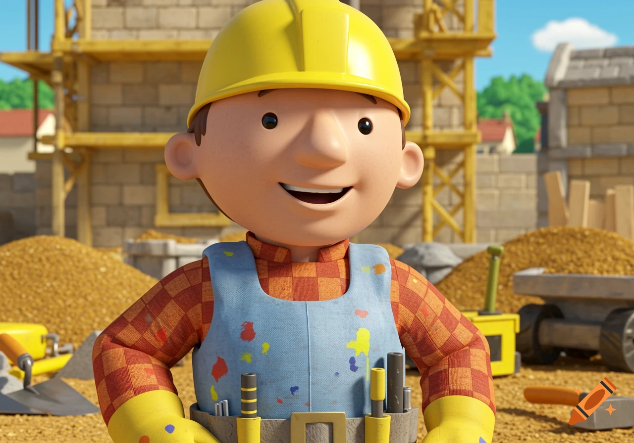 CGI render of a character resembling Bob the Builder at a construction site.