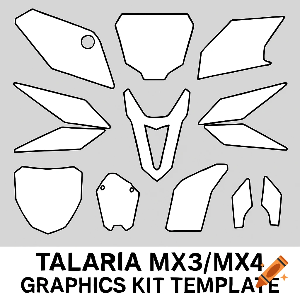 Black outline templates for a Talaria MX3/MX4 motorcycle graphics kit on a grey background.