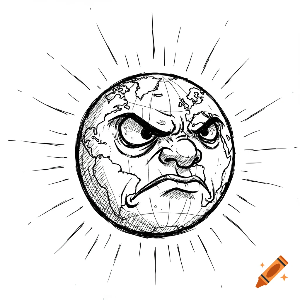 Pen and ink sketch illustration of the Earth with an angry, contemptuous face.