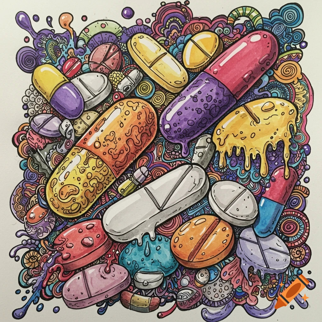 Psychedelic illustration of colorful pills, capsules, and swirling patterns.