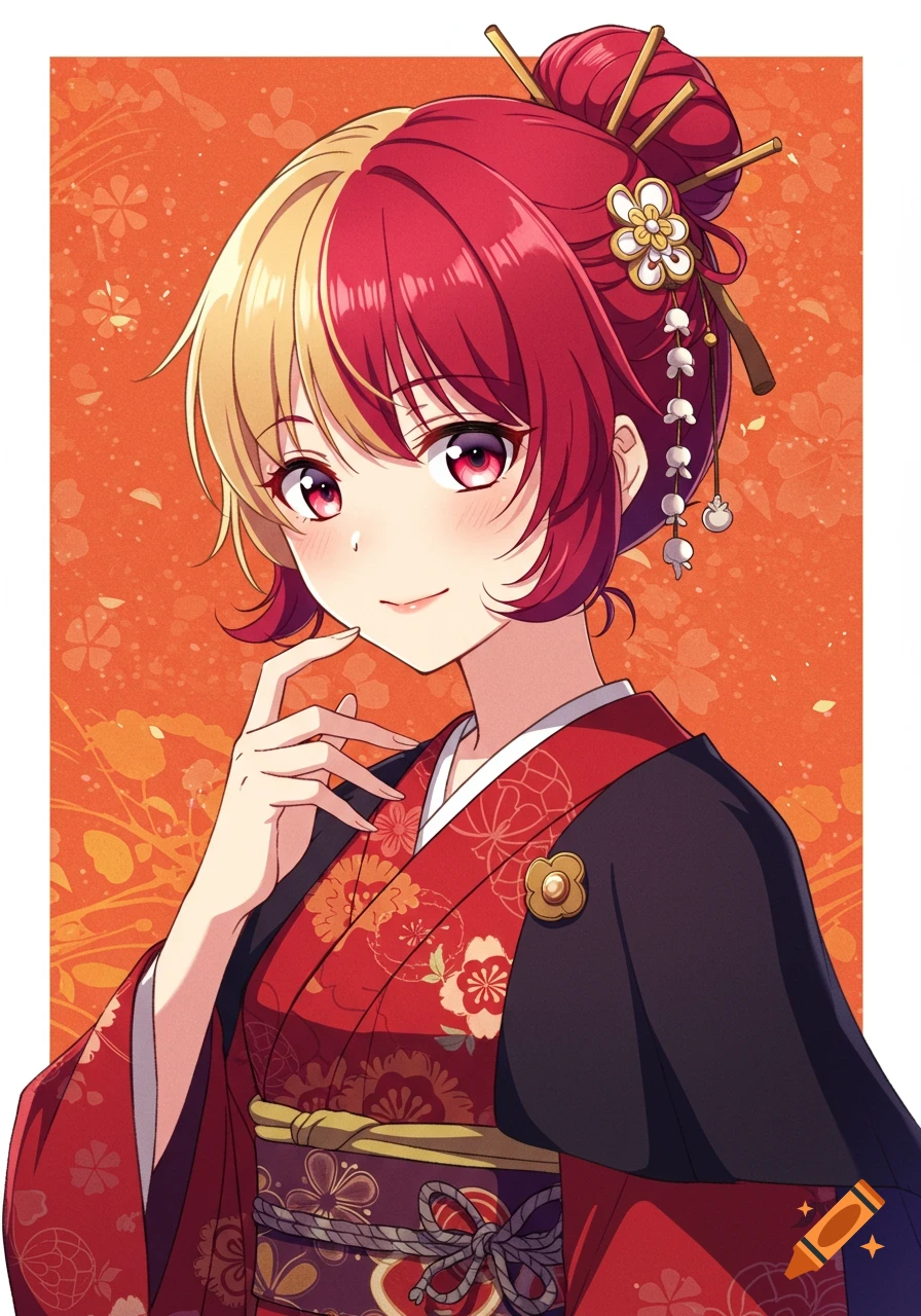 A young woman with split blonde and red hair wearing a kimono and traditional Japanese hair ornaments.