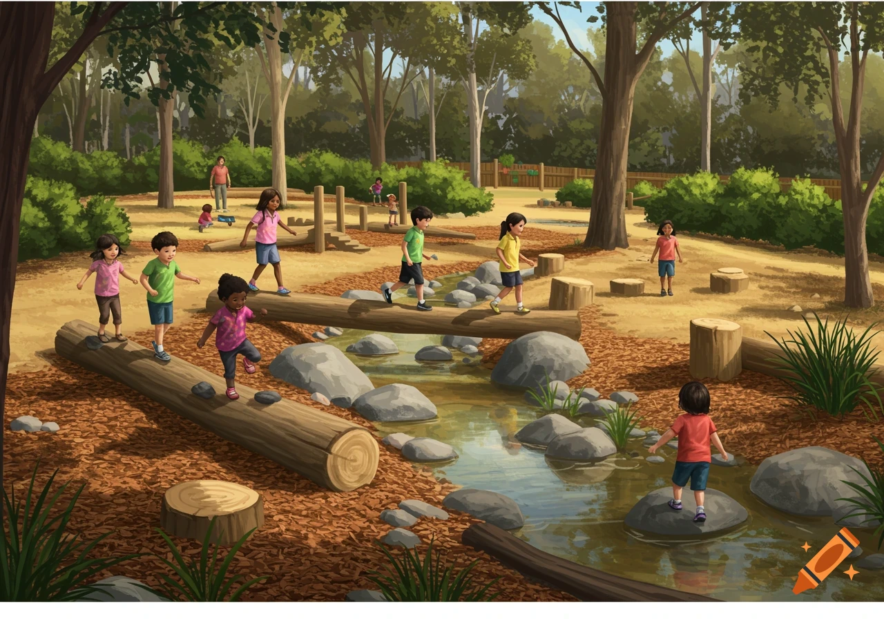 Children balance on logs and rocks in an illustrative natural outdoor playground.
