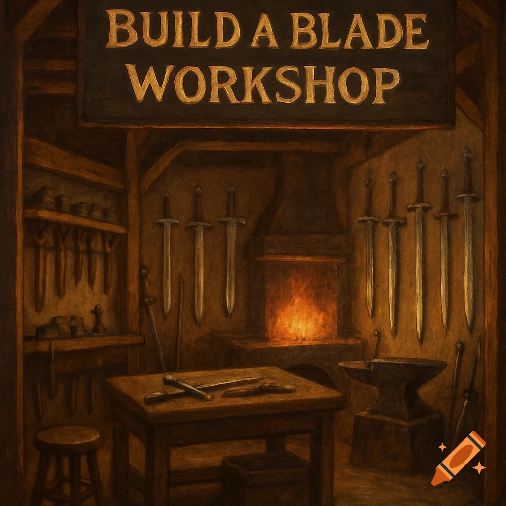 A dimly lit fantasy blacksmith workshop with a sign that reads 'BUILD A BLADE WORKSHOP'.