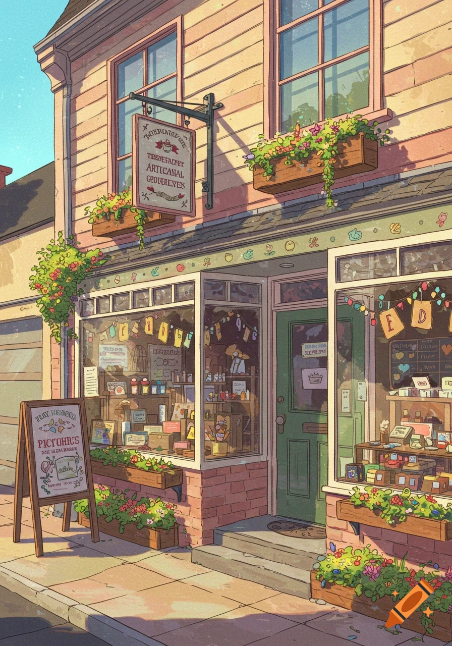 Cartoon illustration of a charming shop front on a sunny day.