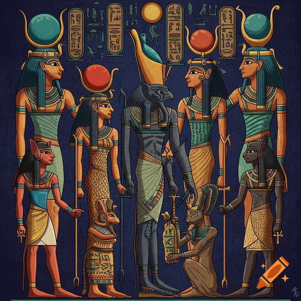 Stylized illustration of ancient Egyptian gods and figures on a dark background
