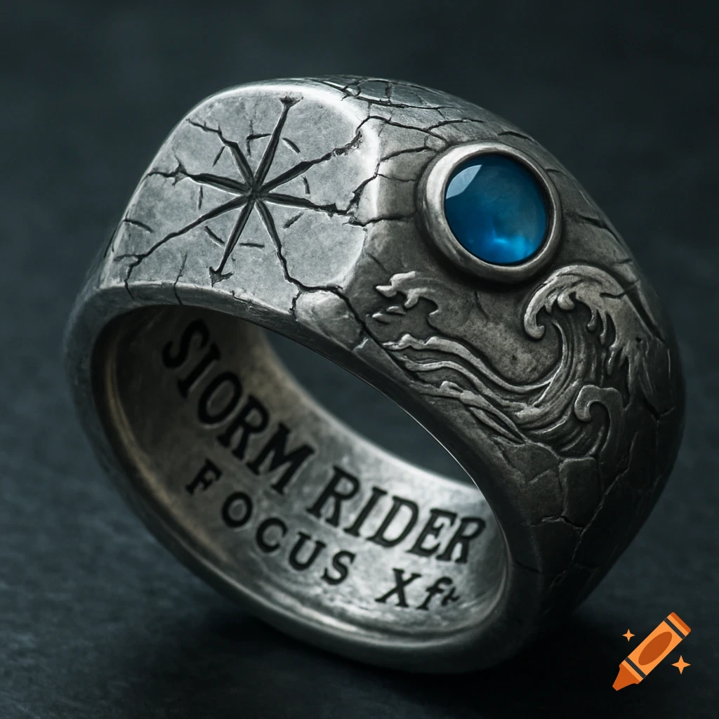 Close-up of a silver ring with cracked texture, a compass, blue jewel, waves, and etched text.
