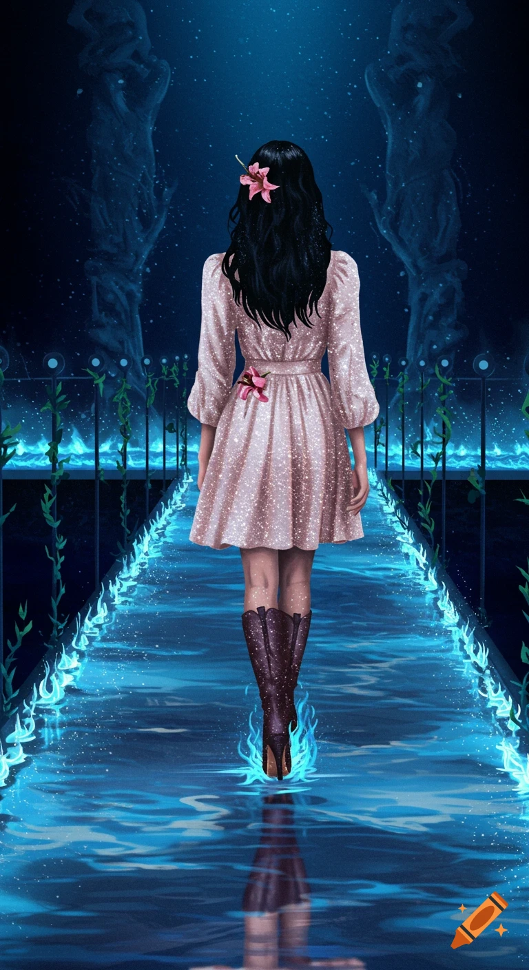 A woman in a sparkly dress and boots walks on a fantasy runway with blue fire and water.
