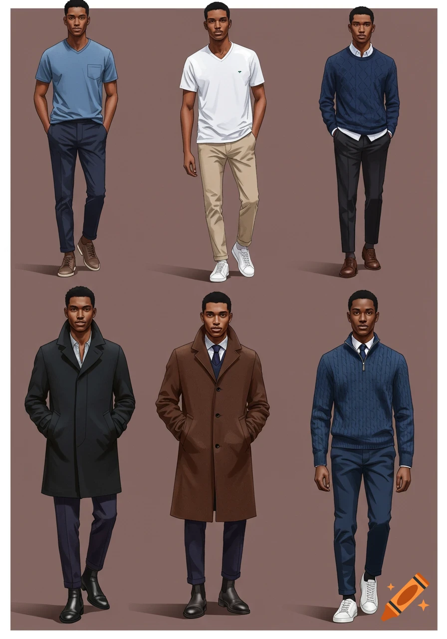 Six illustrations of a man modeling different outfits: casual, smart casual, and formal styles.