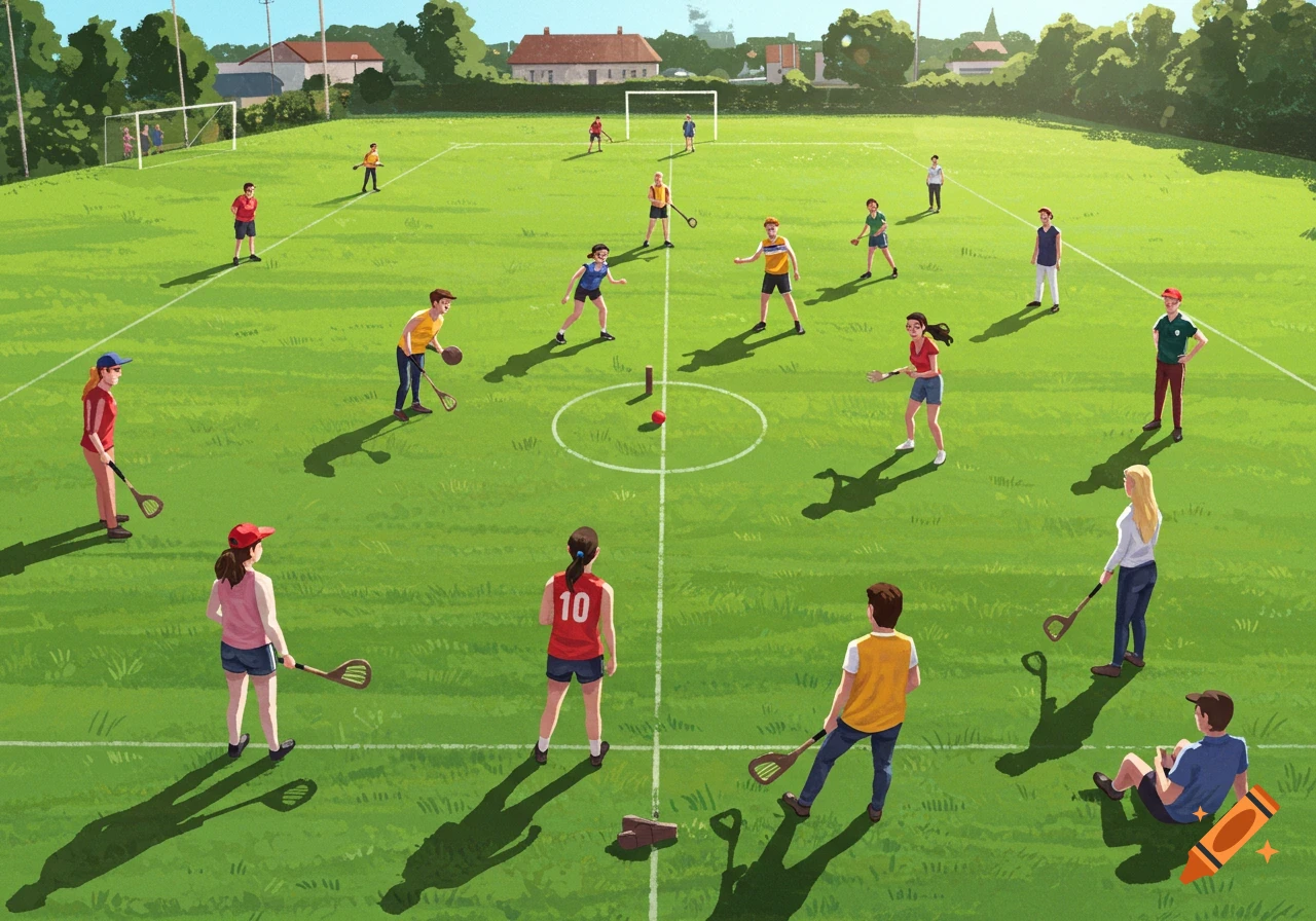 High-angle illustration of people playing a game on a sports field with sticks and a ball.