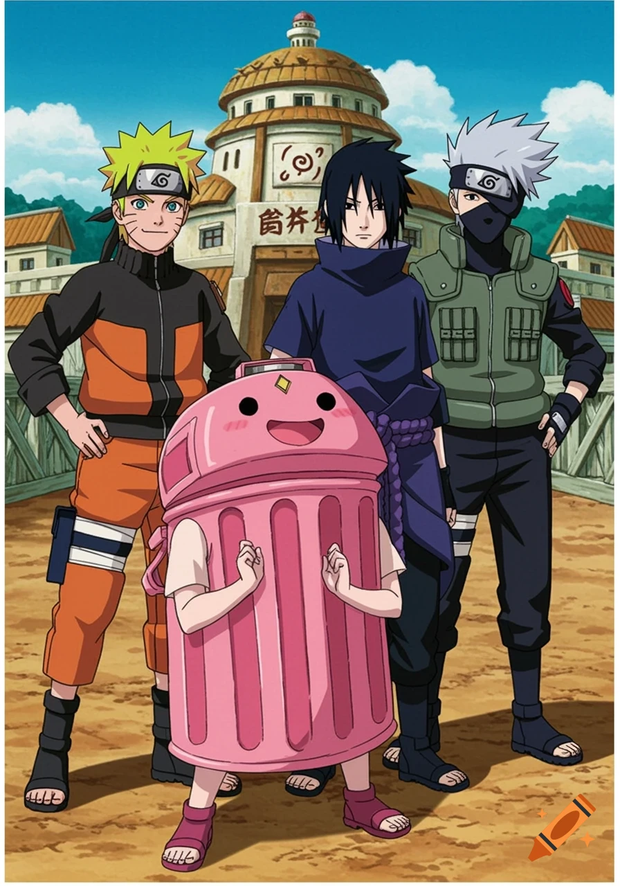 Anime characters Naruto, Sasuke, and Kakashi pose with someone in a pink trash can costume.