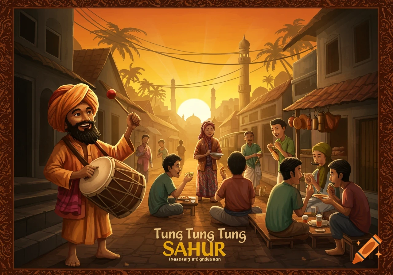 A man plays a large drum in a crowded street scene at sunset. People sit and eat at tables and on the ground. Mosques are in the background. The text 'Tung Tung Tung SAHUR' is displayed.