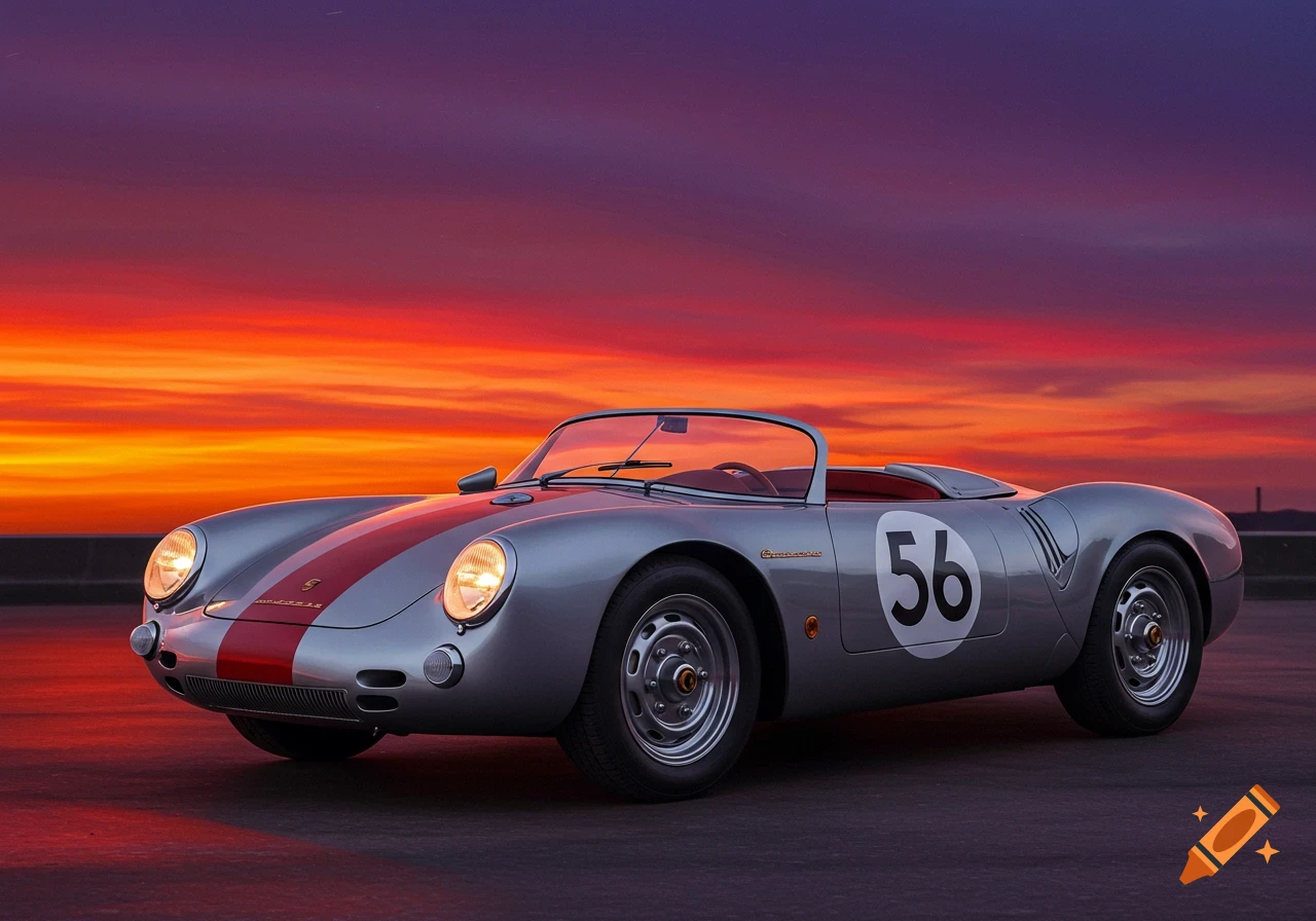 Silver Porsche 550 Spyder race car with red stripes and number 56 at sunset.