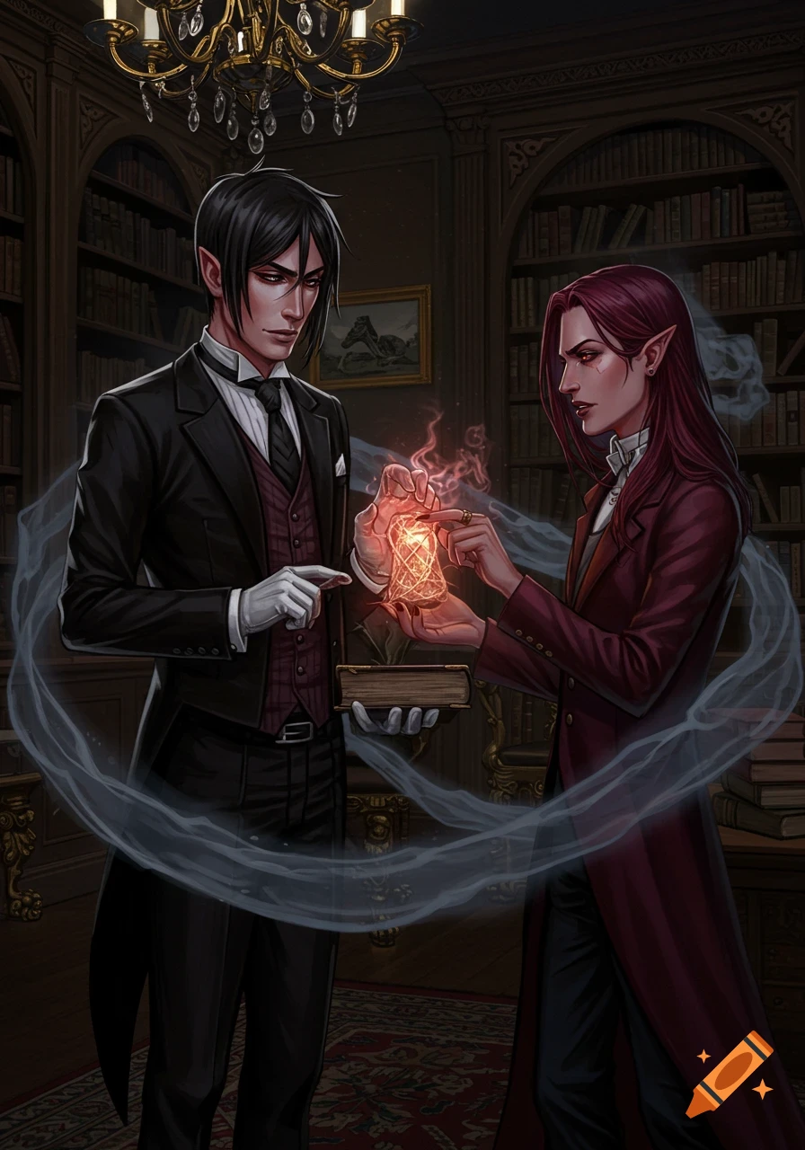 Two characters, one in a suit, one in a coat, performing a magic ritual in a library.