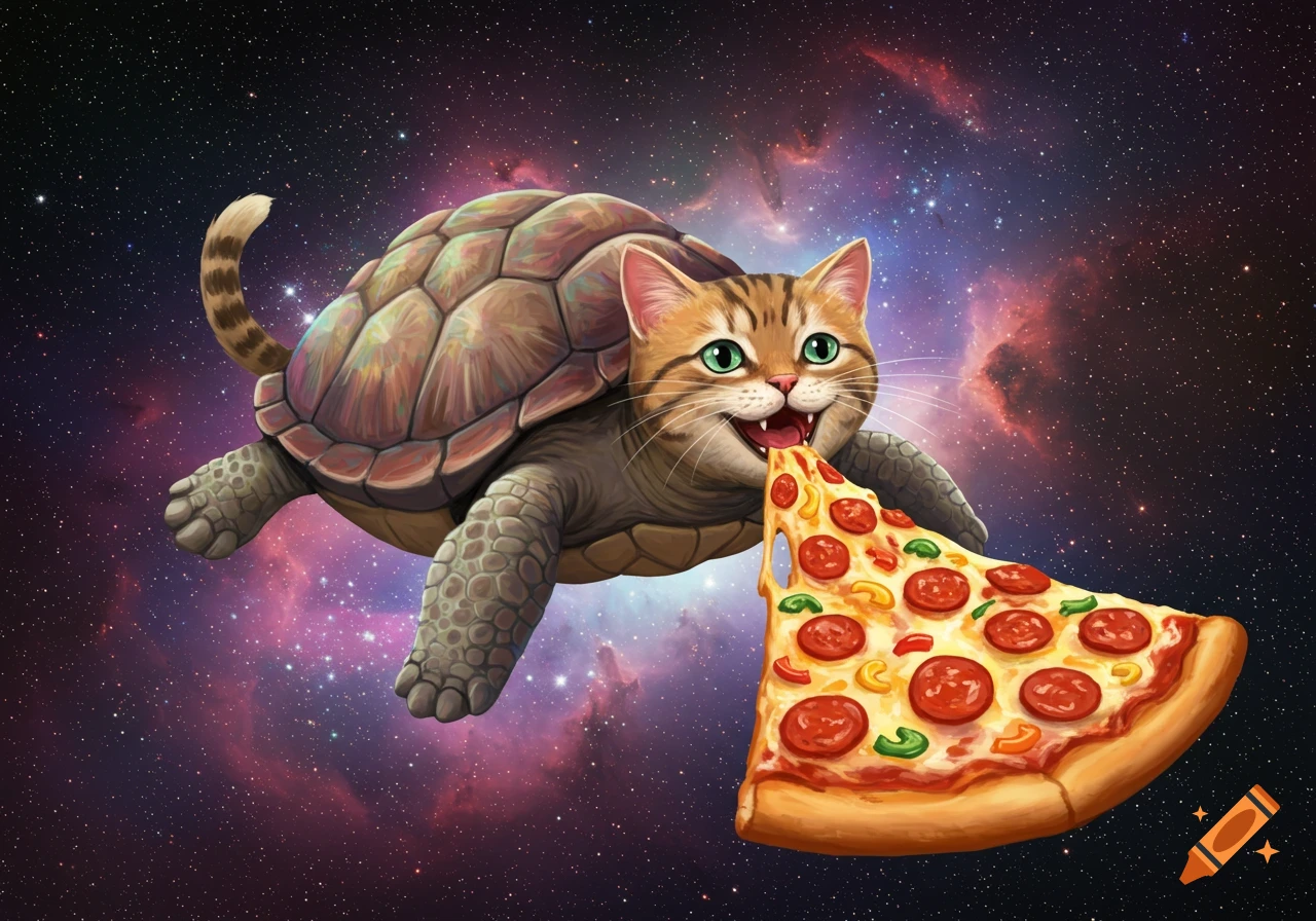 A cat-turtle hybrid flies through space eating a slice of pizza.