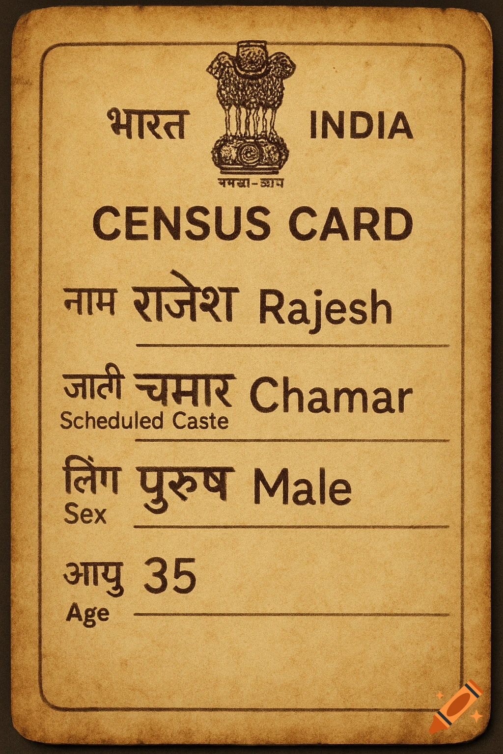 An old-style Indian Census Card with text in Hindi and English.