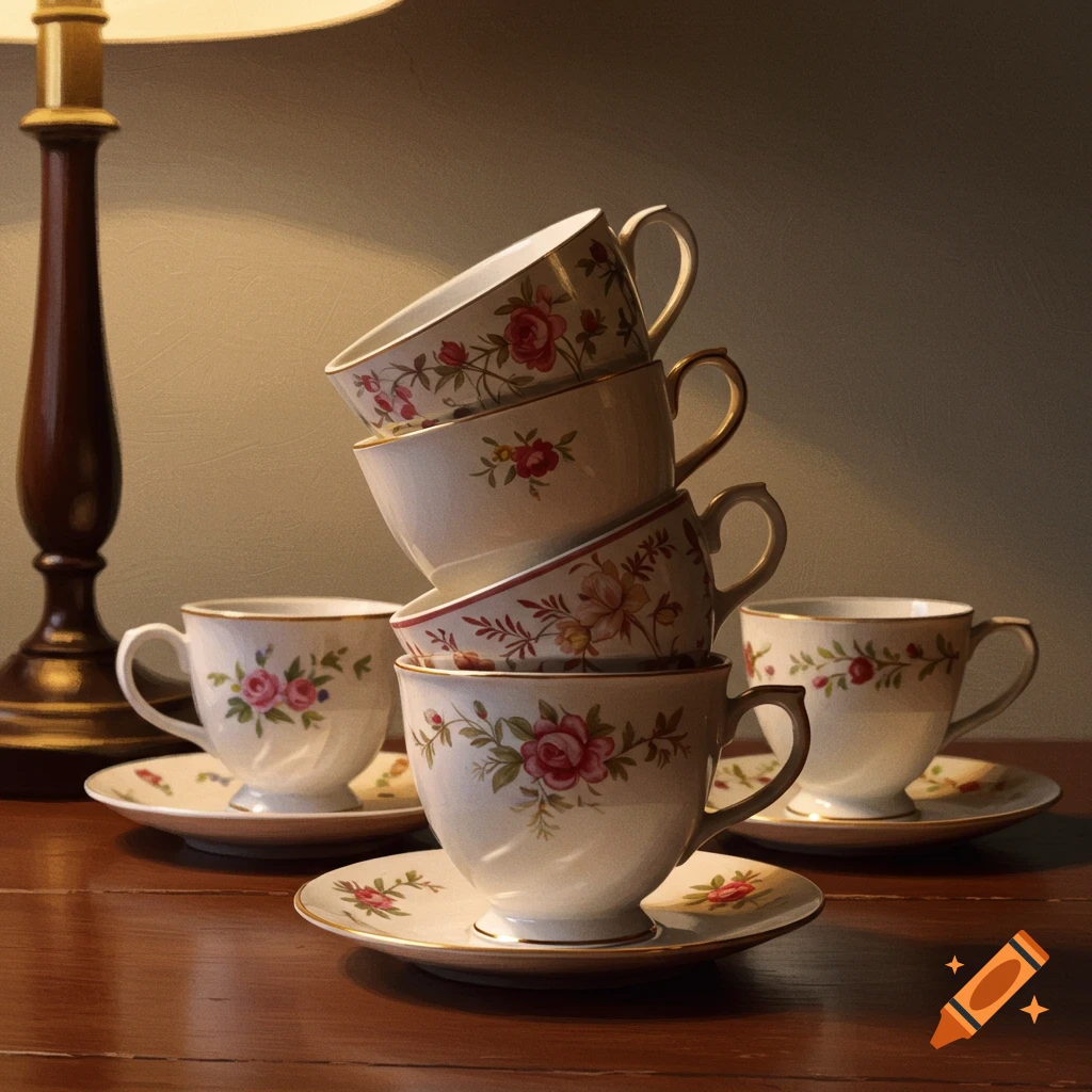 Stacked floral patterned teacups on a wooden table with other cups and a lamp