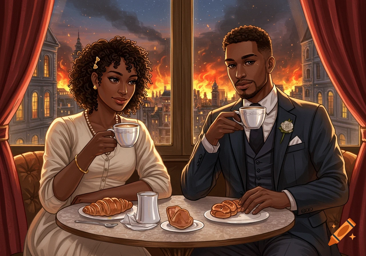 Digital illustration of a Black couple drinking coffee in a cafe with a city on fire outside the window.