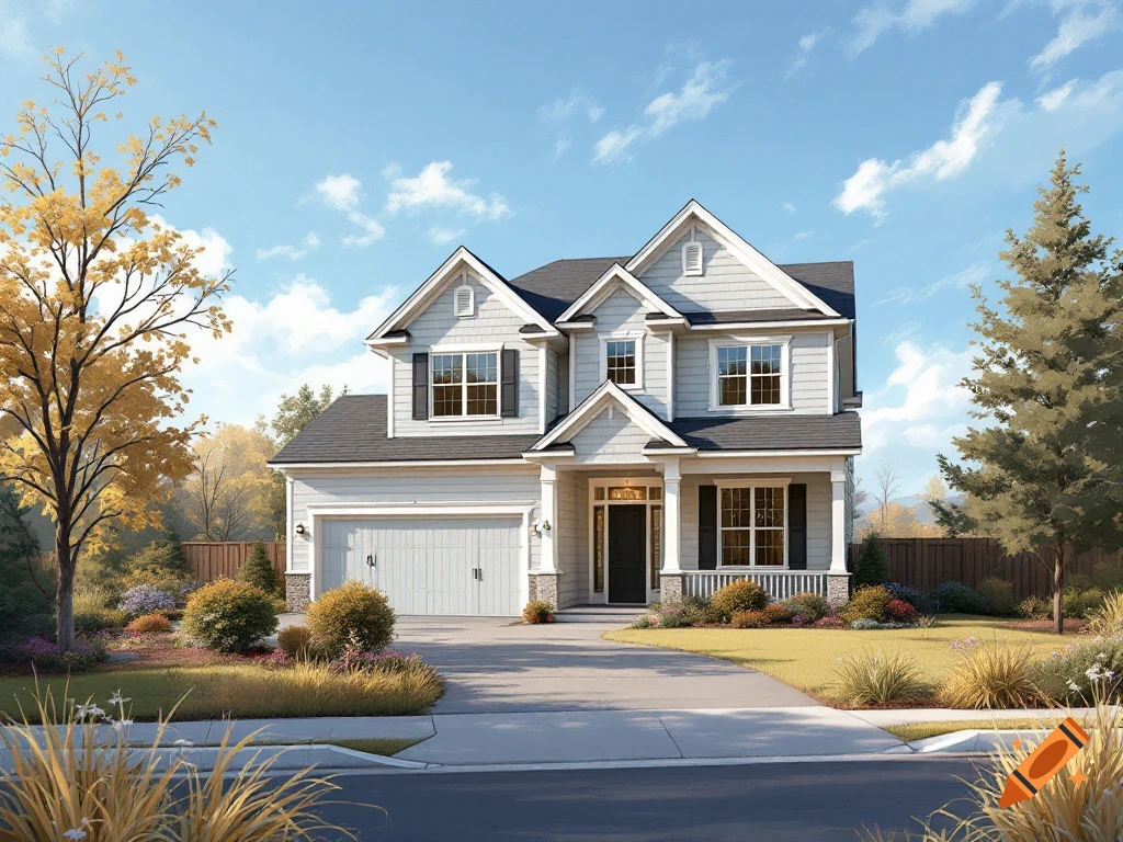 Two-story gray suburban house with garage, driveway, and landscaped yard under a partly cloudy sky.