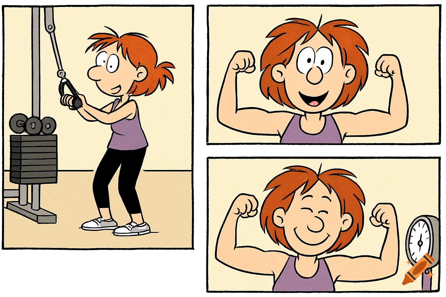Cartoon comic strip of a woman using a weight machine and flexing her muscles.