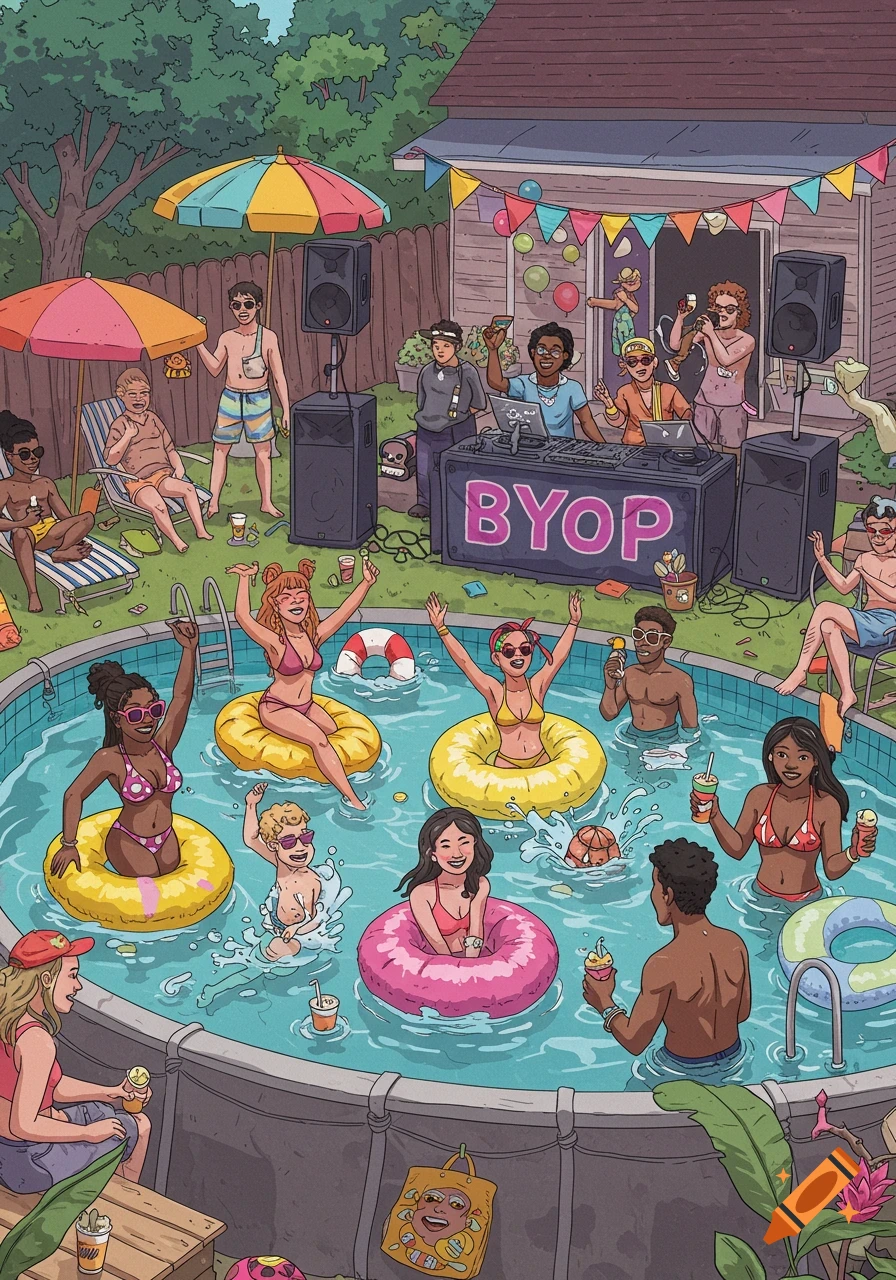 An illustration of a lively backyard pool party with many people swimming, dancing, and lounging.