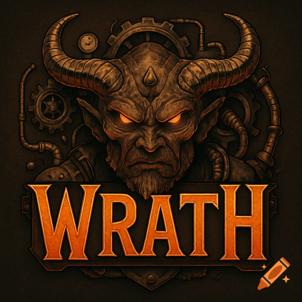 Steampunk creature with horns and glowing eyes, industrial elements behind it, with the word WRATH below.