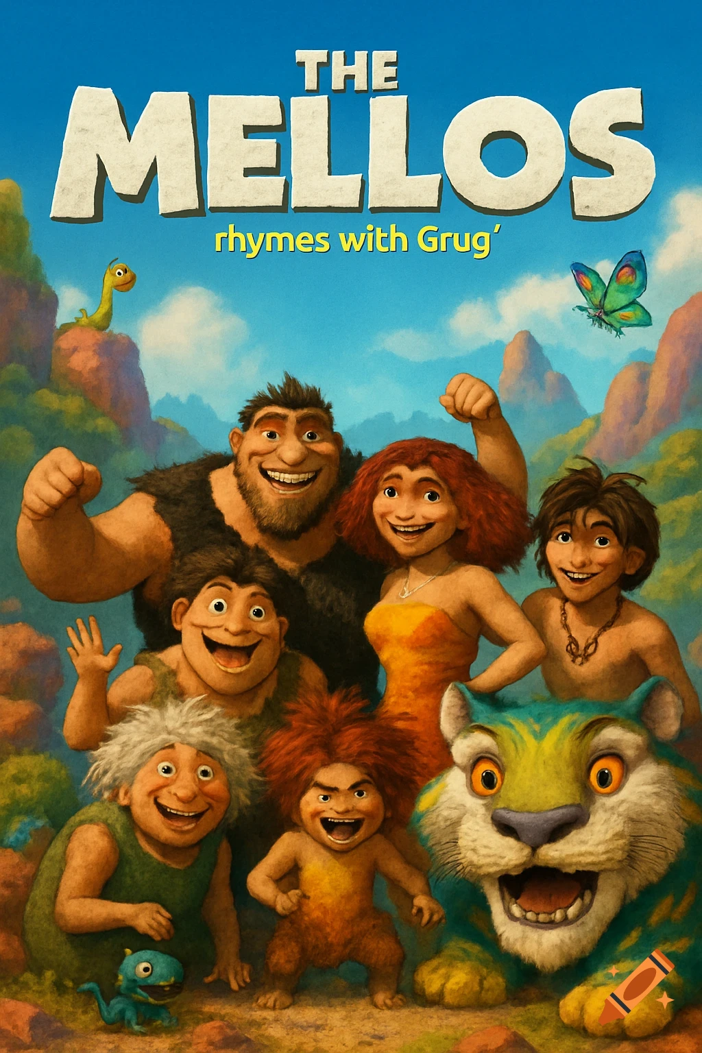 A cartoon prehistoric family poses with a creature in a vibrant landscape. Movie poster style.