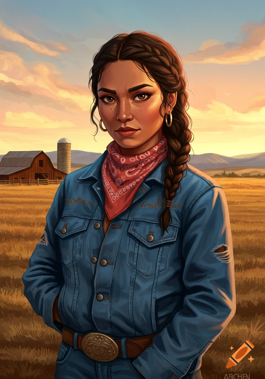 Digital painting of a cowgirl in a denim jacket and red bandana standing in a field with a barn at sunset.
