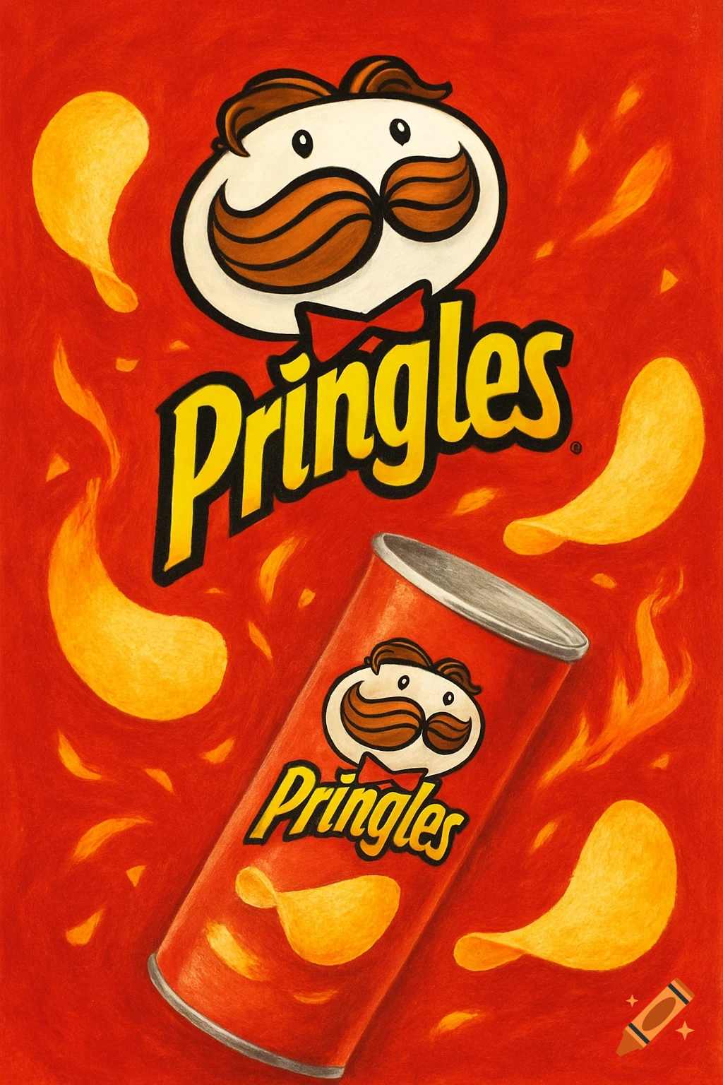 Illustration of Mr. Pringles mascot, a Pringles can, chips, and flames on a red background.