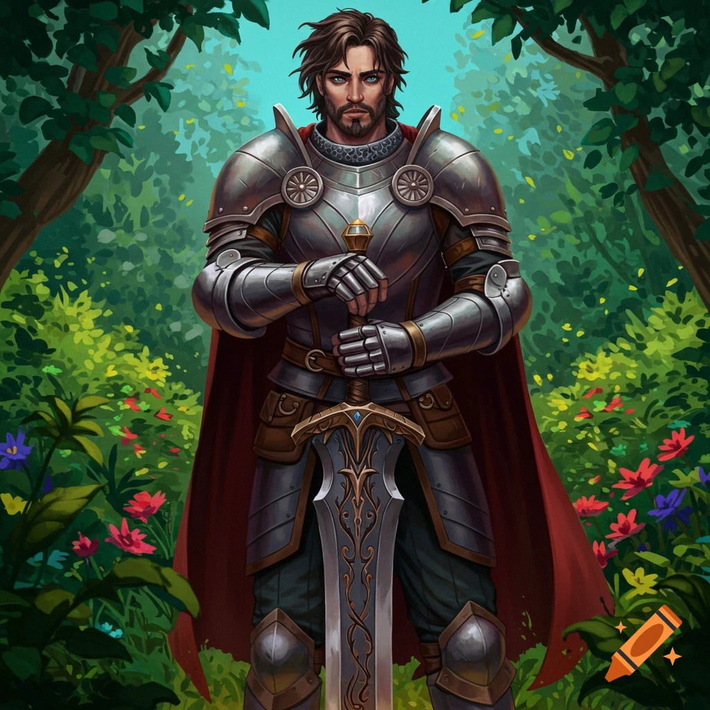 A man in full plate armor holds a large sword in a forest clearing.