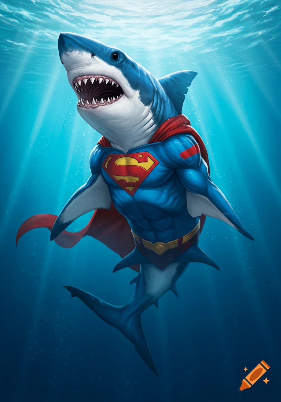 A cartoon shark wearing a Superman costume swims underwater.