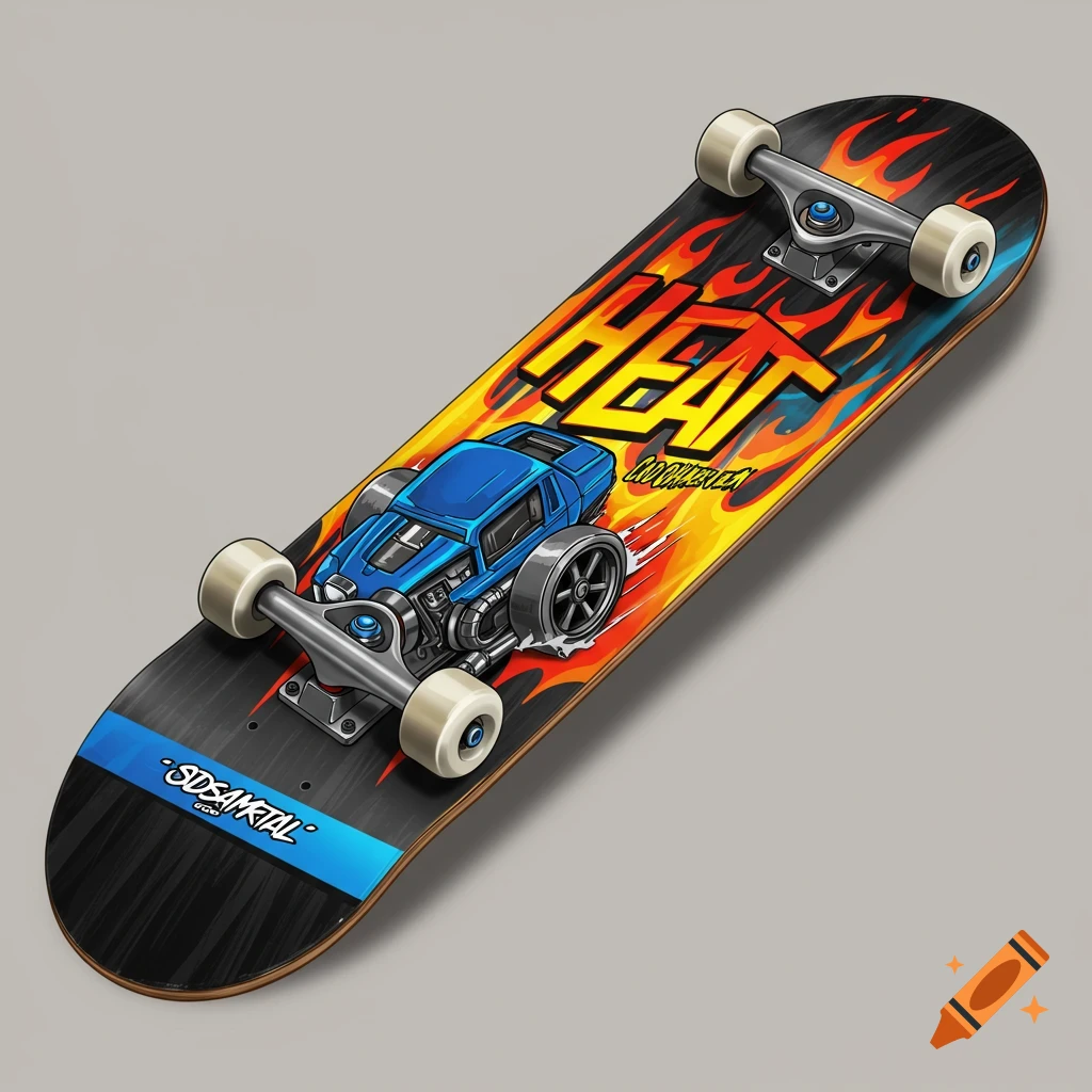 Skateboard with a blue hot rod car and flames design.
