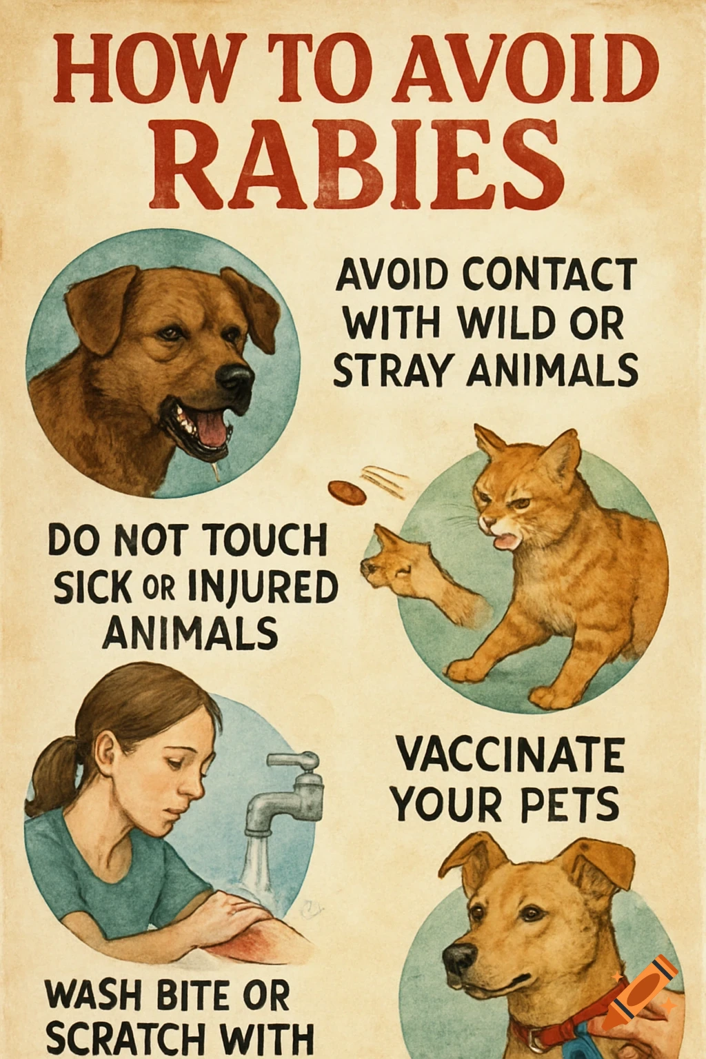 Infographic poster with illustrations on how to avoid rabies. on Craiyon
