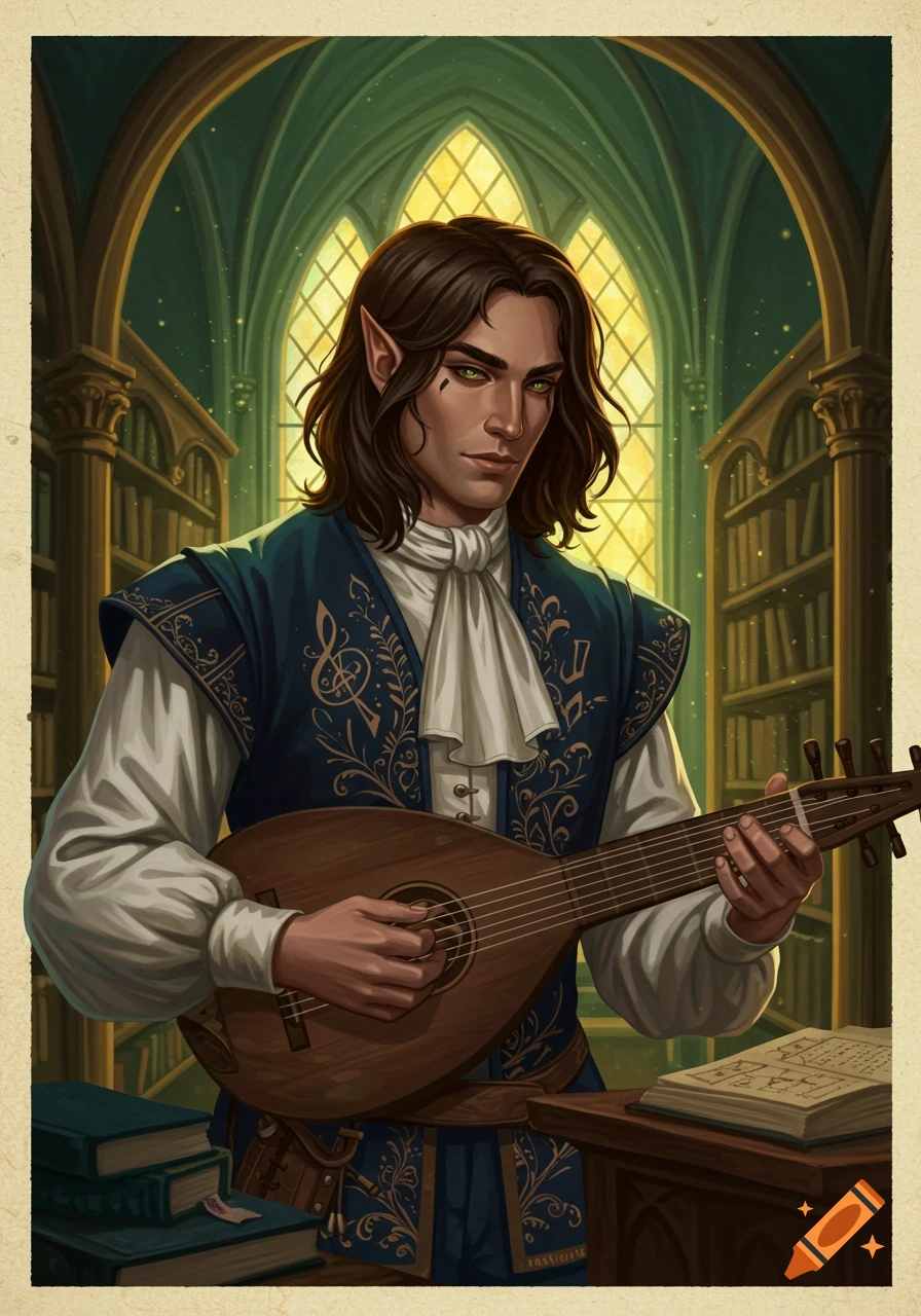 Fantasy character playing a lute in a library