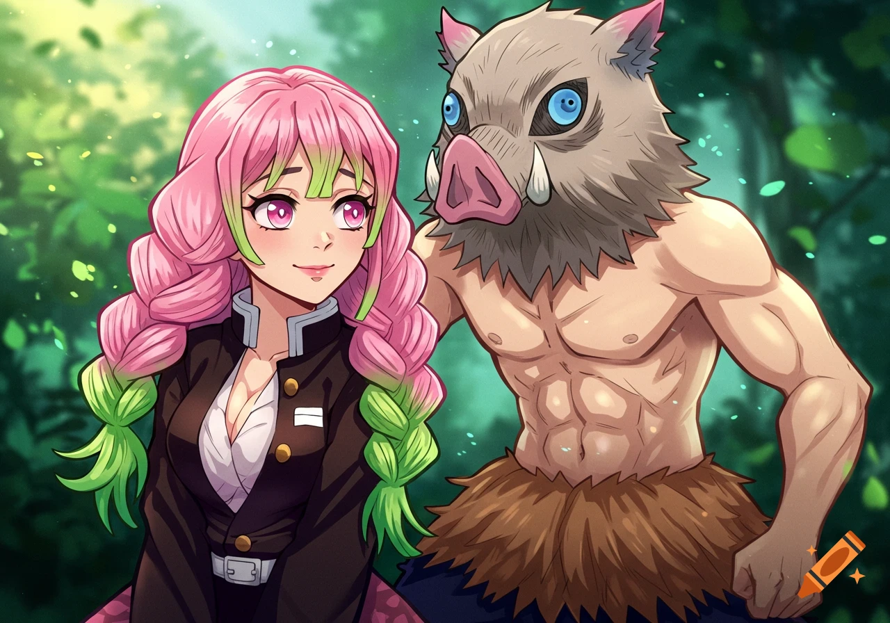 Anime drawing of Mitsuri and Inosuke from Demon Slayer standing in a forest.