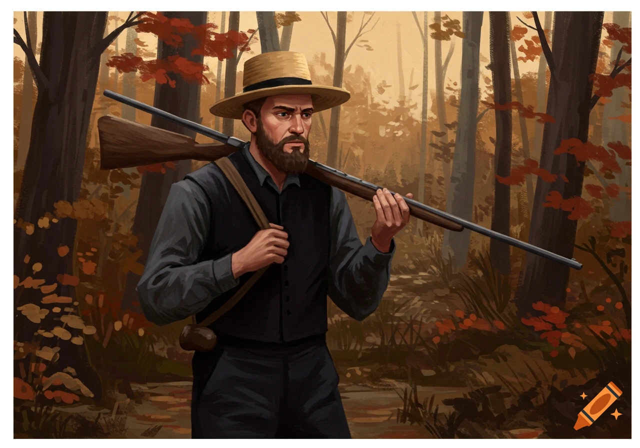 Man with a rifle walks through an autumn forest, illustration style.