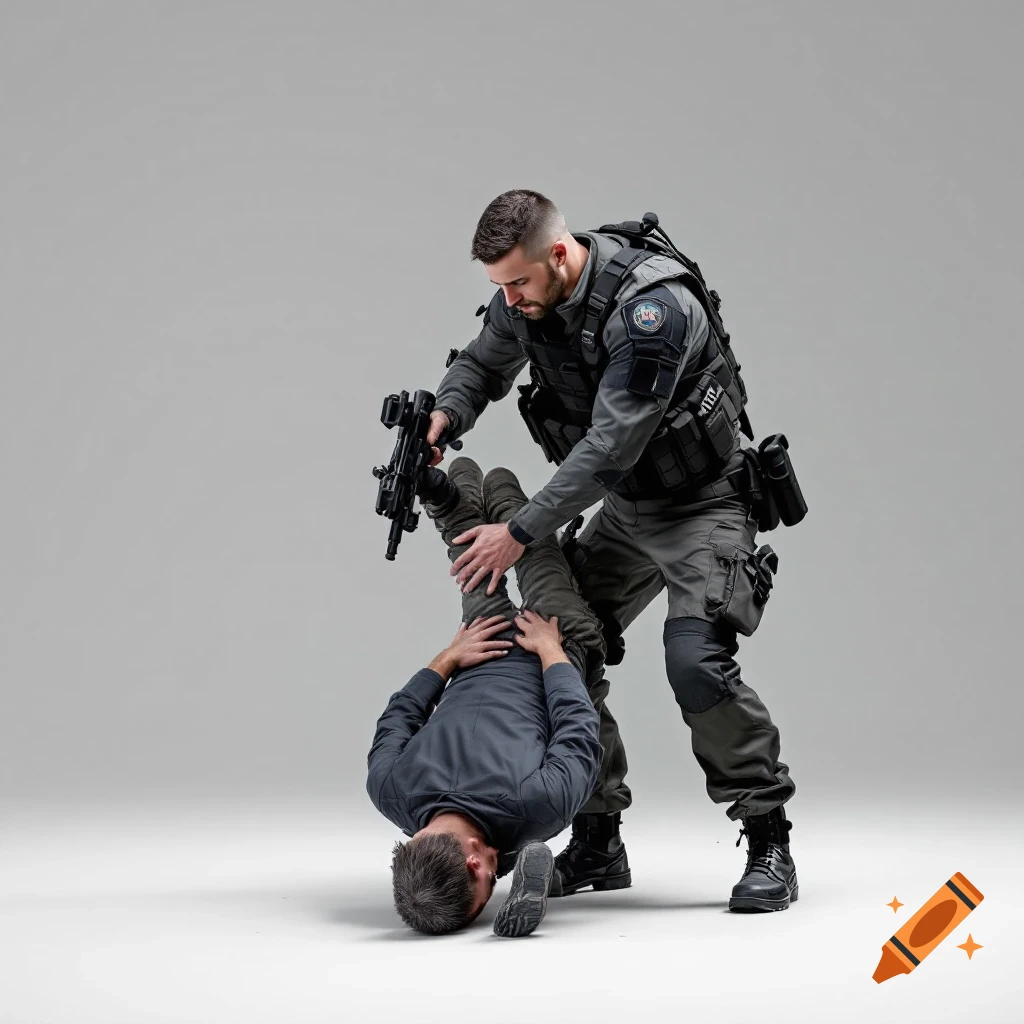 A man in tactical gear holds another man upside down by his legs, forcing his head towards the ground in a photorealistic style.