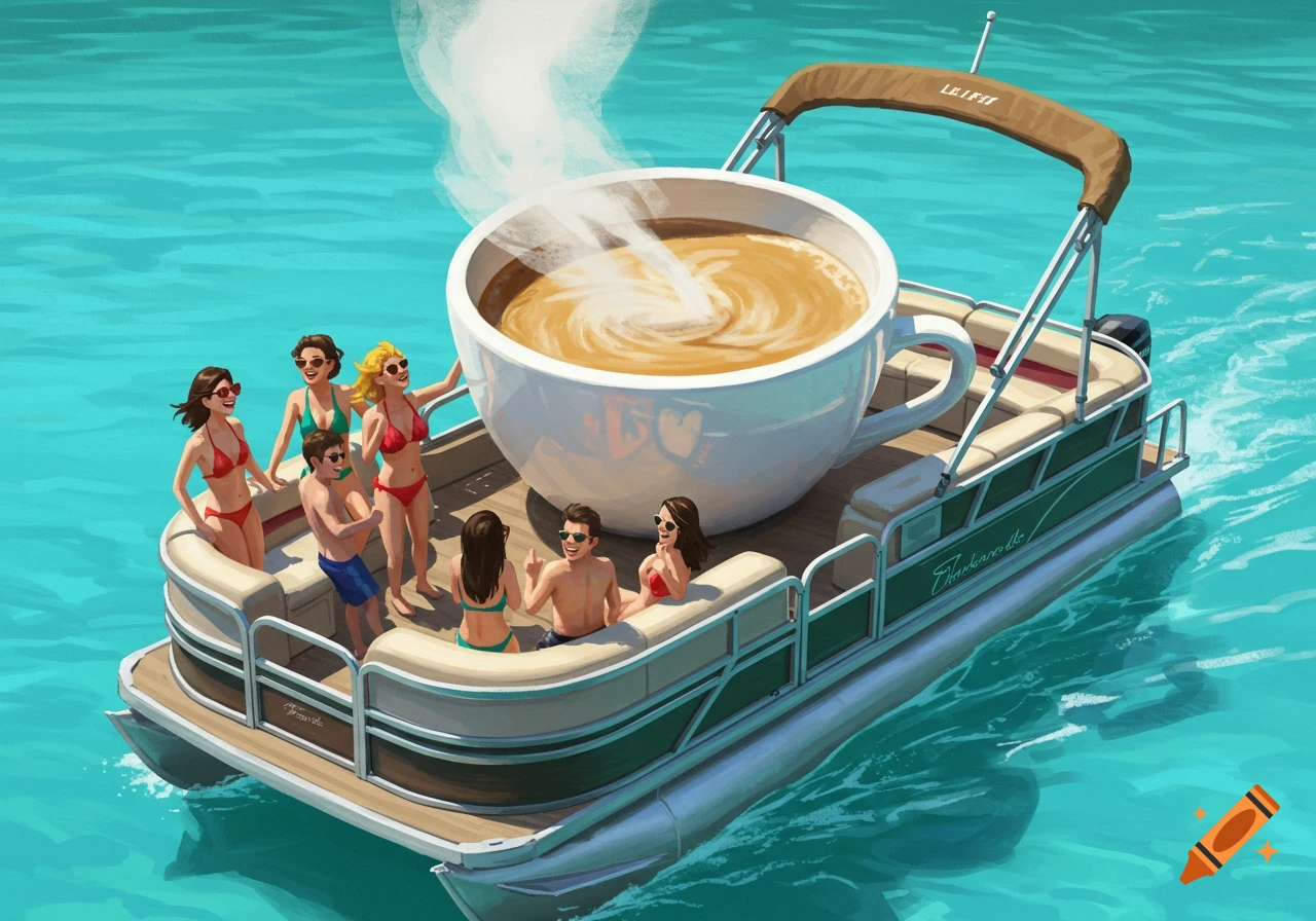 Digital art of a giant steaming coffee cup on a pontoon boat with people on a summer lake.