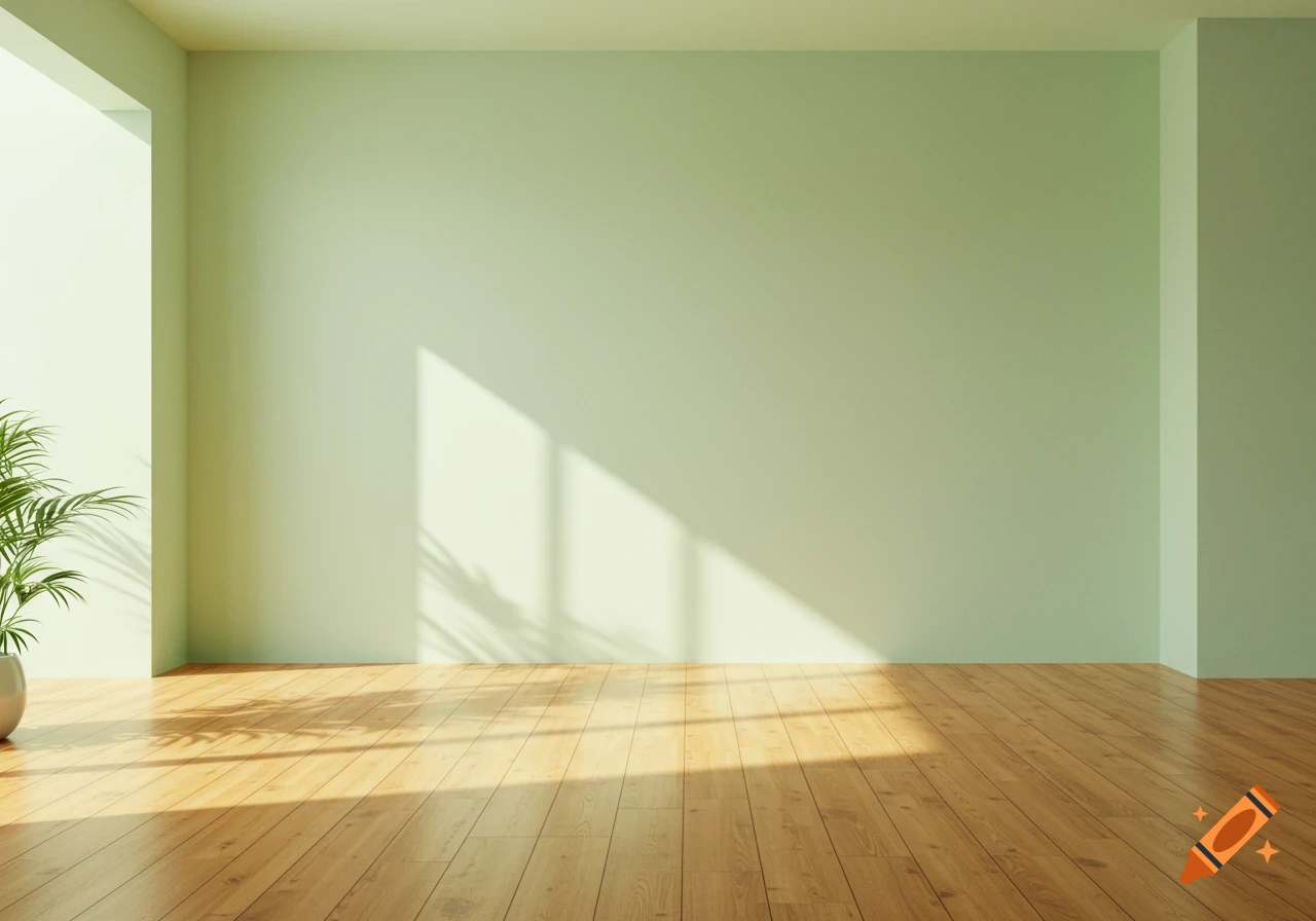 Empty room with light green walls, wooden floor, potted plant in corner, and sunlight streaming through a window.