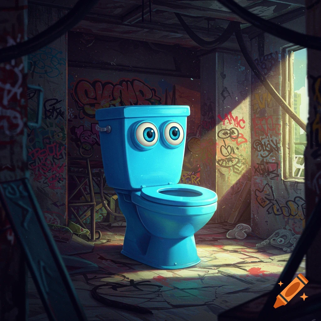 A blue cartoon toilet with big eyes stands in a dilapidated room covered in graffiti.