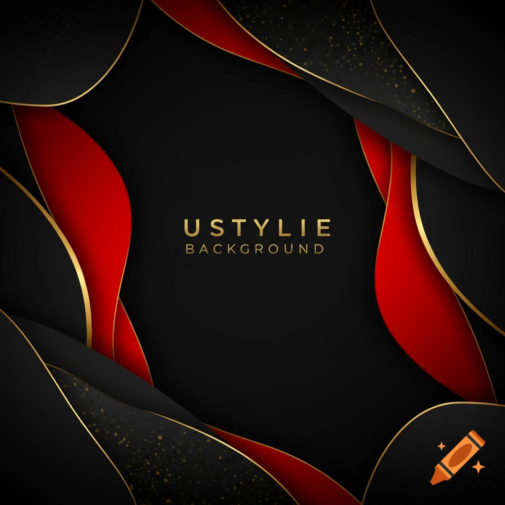 Stylish abstract background with black, red, and gold wavy shapes.