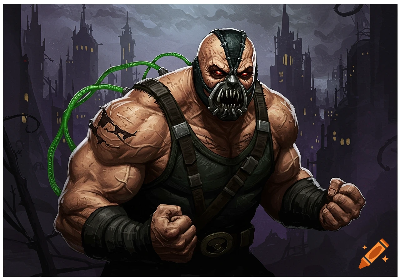 Stylized illustration of the Batman villain Bane in a mask against a gothic city background.