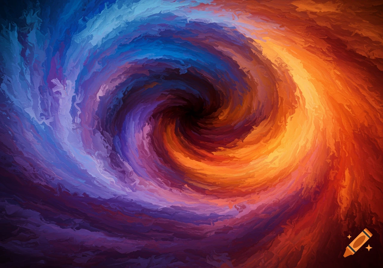 Abstract swirling vortex of blue, purple, orange, and red colors in a painterly style.
