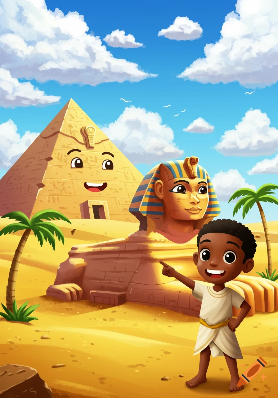 Cartoon boy points at a cheerful faced pyramid and sphinx in the sunny Egyptian desert.
